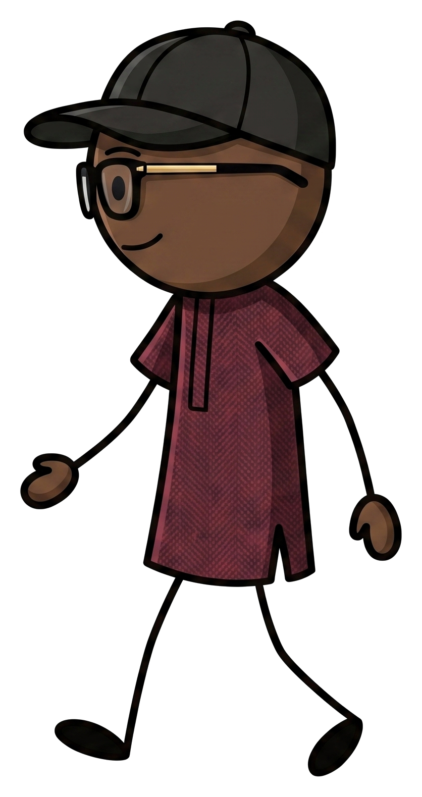 The ONYISI character, in black cap, glasses, and maroon tunic, striding forward
